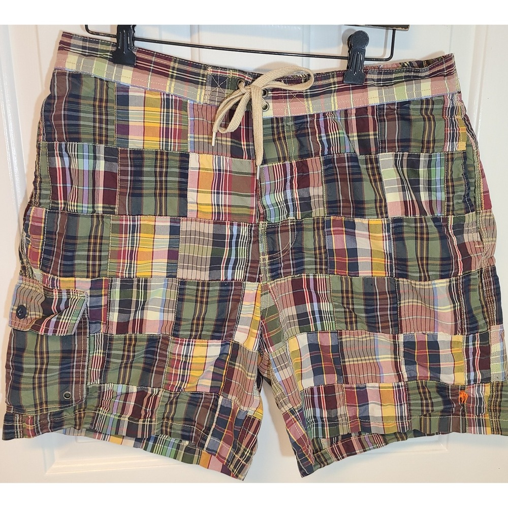 Vintage Polo Ralph Lauren Swim Shorts Trunks POLO SPORT Plaid 90s Men Lg Lined